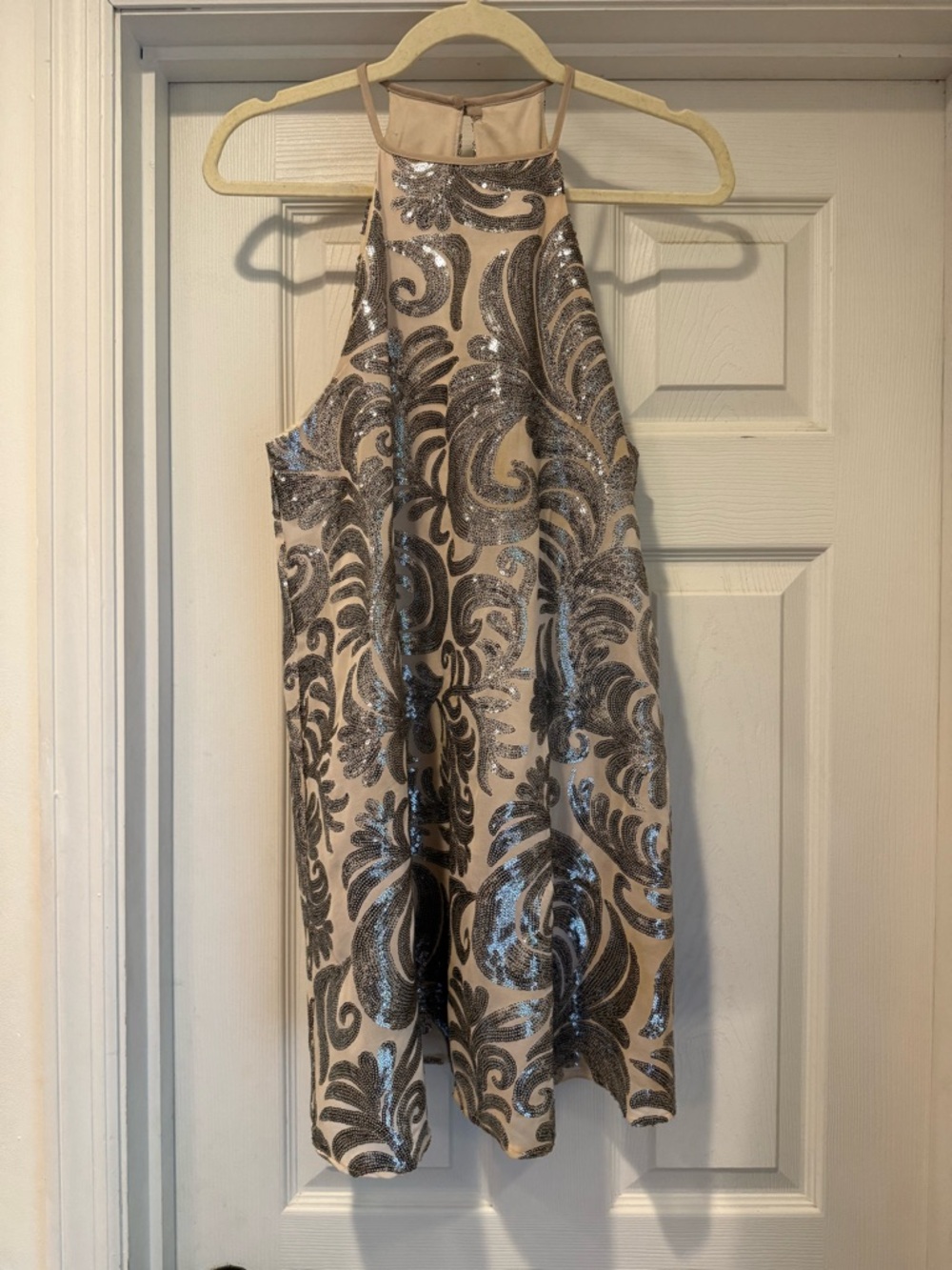 Beige Halter Dress with Silver Sequin Swirls